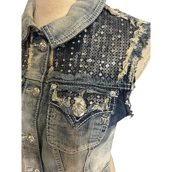 Miss Me Jean Denim Vest Rhinestone Sequin Cropped Frayed Seams Blue Western  M - Picture 6 of 10